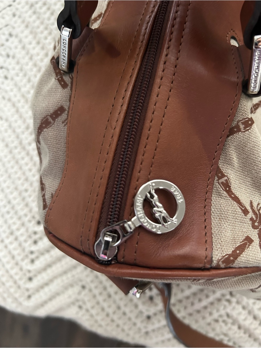 Longchamp Beige & Brown Monogram Top-Handle Satchel - Picture 4 of 11